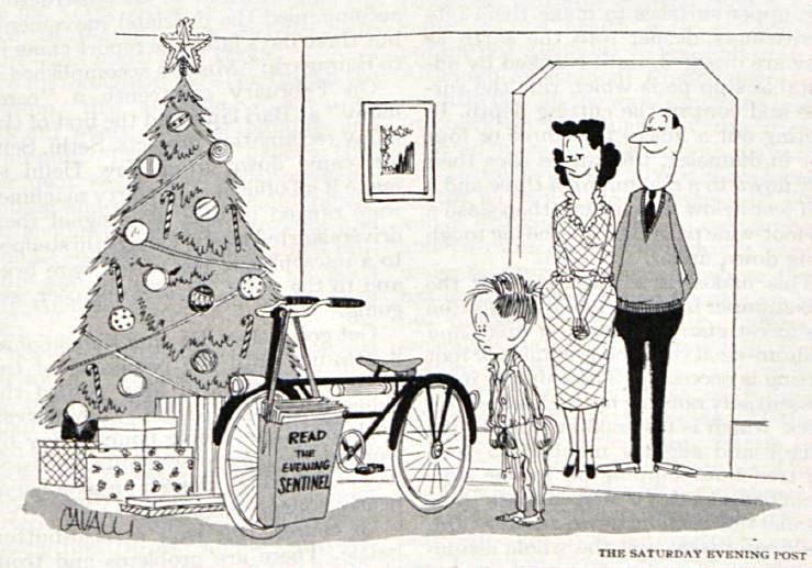 Proud parents watch their son approach his Christmas gift, a bicycle with a newspaper delivery basket with a sign that says, "Read the Evening Sentinel". The boy looks confused.