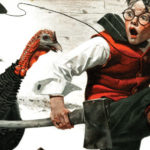 Boy with axe being chased by turkey