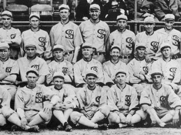 Group shot of the 1919 White Sox. They would after this year be known as the "Black Sox Scandal" team, due to the allegation that eight members of the team accepted bribes to lose the 1919 World Series to the Cincinnati Reds. These eight players, pitchers Eddie Cicotte and Claude "Lefty" Williams, first baseman Charles "Chick" Gandil, shortstop Charles "Swede"Risberg, third baseman George "Buck" Weaver, outfielders Joe "Shoeless Joe" Jackson and Oscar "Happy" Felsch, and pinch hitter Fred McMullin, were banned from the game of baseball for life.