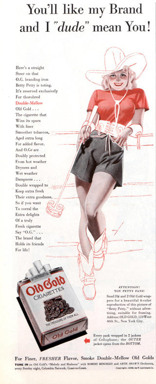 A young women in a cowboy hat, boots, and skirt in a cigarette ad