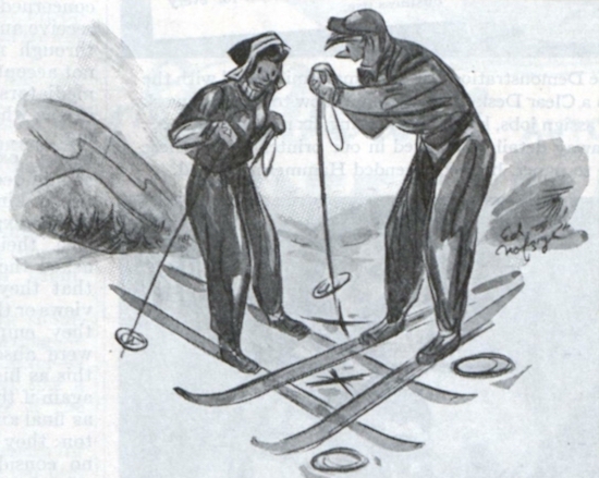 A couple speaking to eachother on skis. 