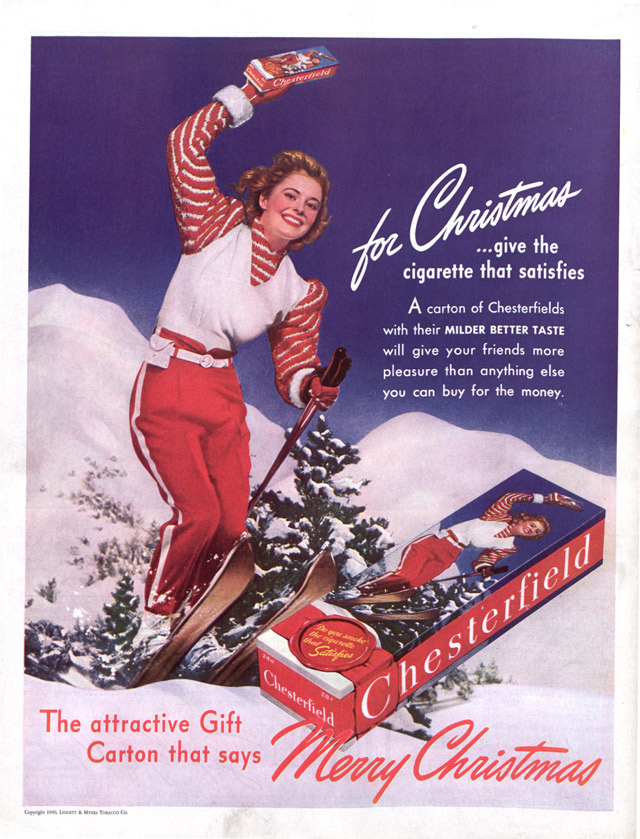 Woman skiier on a snow covered slope, in an ad for Chesterfield cigarettes