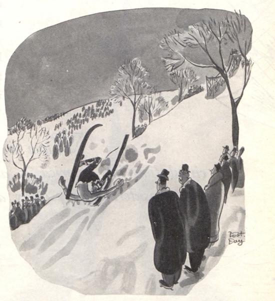 Men watch a skier tumble down a slope