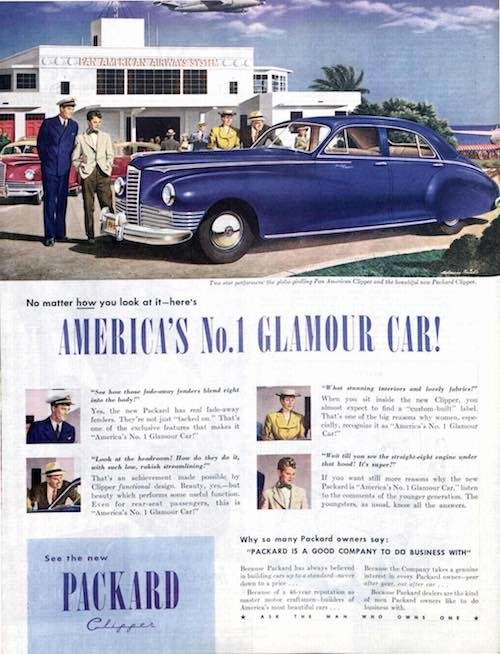 An ad for the Packard Clipper car. The car is in front of a beach house with affluent people nearby admiring it.