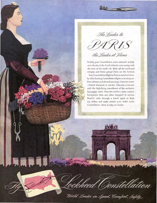 A Lockheed ad featuring a woman holding a flower basket near the Brandenburg Gate