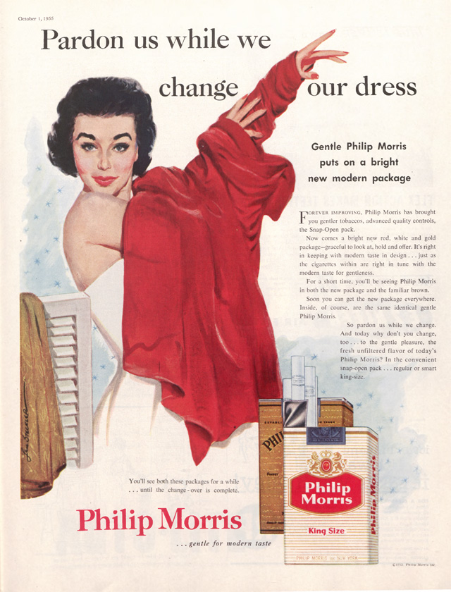 Woman putting on a red coat, in an ad for Philip Morris cigarettes