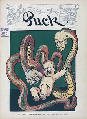 TR, Henry H. Rogers, and John D. Rockefeller on the cover of Puck