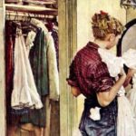 Girl looking at a prom dress at a mirror