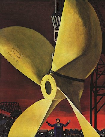 Woman working on a ship's propeller