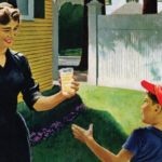 A mother handing her son a glass of lemonade