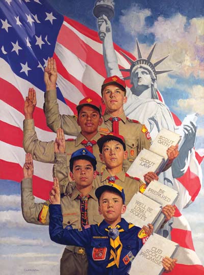 Boy Scouts saluting in front of a U.S. flag in the wind, and the Statue of Liberty