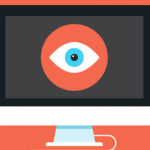 A human eye on a flat screen computer monitor, representing 1984's Big Brother
