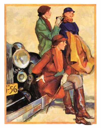 Woman sitting on the front bumper of a car. Two other women stand next to her