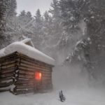 A cabin during a blizzard