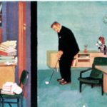 Boss playing golf in his office while his secretary is swamped with work
