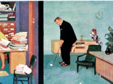 Boss playing golf in his office while his secretary is swamped with work