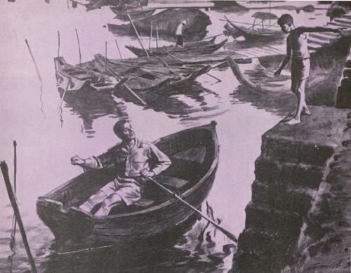 Man in a boat speaking to a figure on the river bank