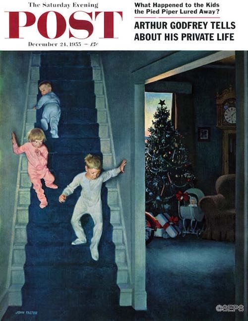 Children descending stairs on Christmas morning