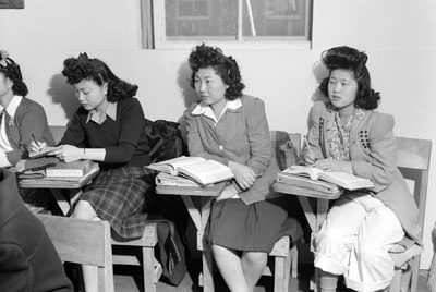 Teenage Japanese-American girls taking classes in an internment camp's school