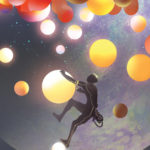Man climbing glowing orbs