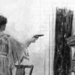 A woman pointing a gun at a man by the window