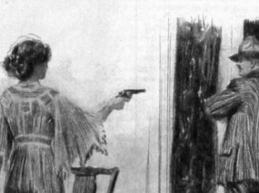 A woman pointing a gun at a man by the window