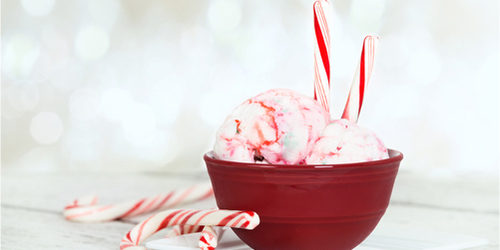 Peppermint ice cream with candy canes poking out.