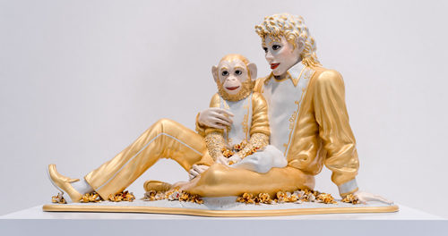 Sculpture of Michael Jackson and his pet monkey, Bubbles.