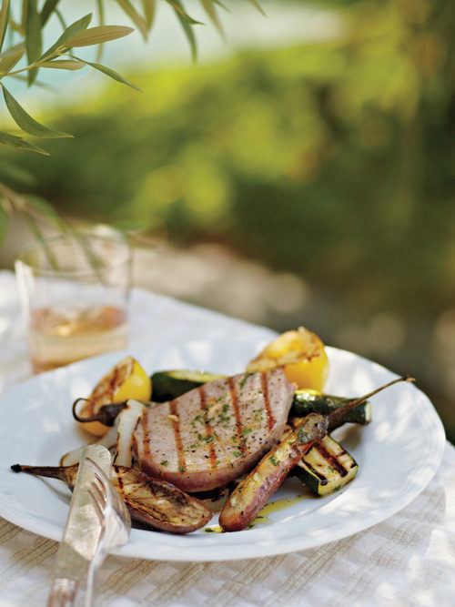 Plate of Grilled Tuna on an outdoor table.