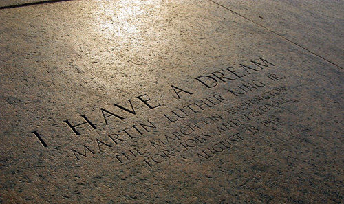 Marble marker on the Lincoln Memorial's steps that read 'I Have a Dream"