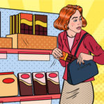 Woman shoplifting chocolate from a supermarket store