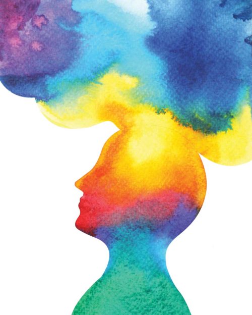 A mult-colored cloud emits from a person's head, signifying mind and thought