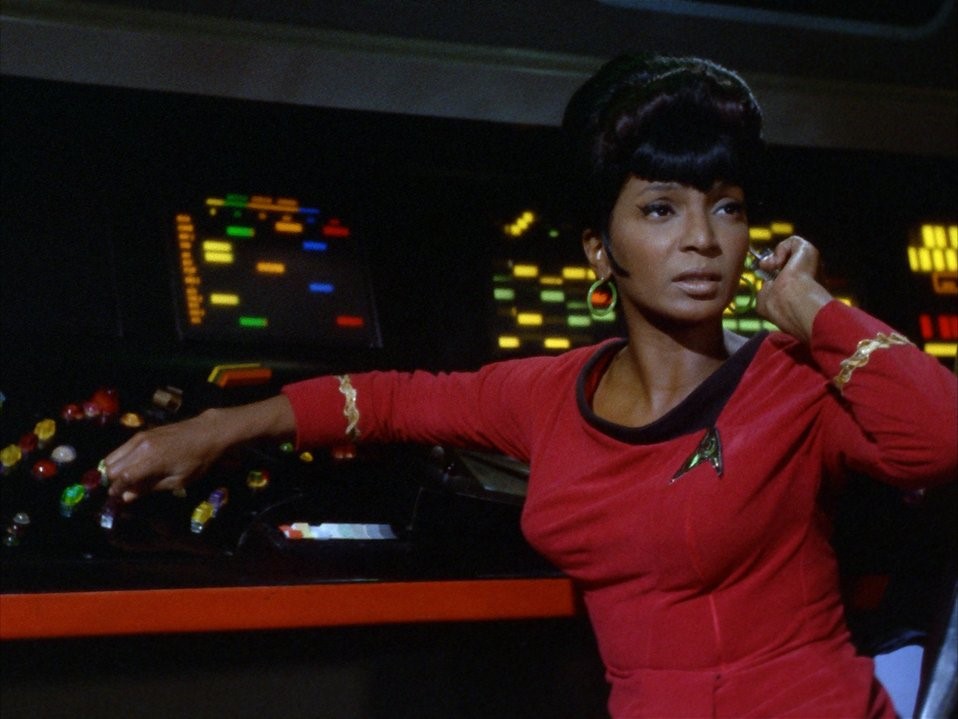 Uhura on the U.S.S. Enterprise bridge