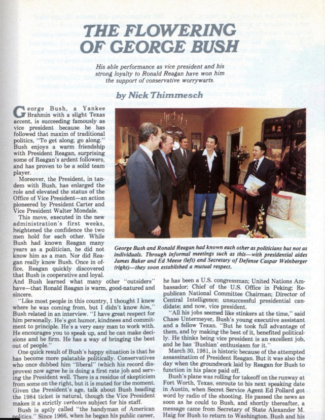 First page of the article, "The Flowering of George Bush"