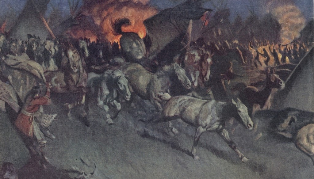 Illustration of horses stampeding through an American Indian villiage. 