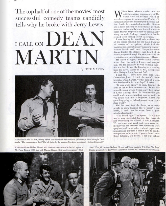 The first page of the article, "I Call on Dean Martin" as it appeared in the Saturday Evening Post
