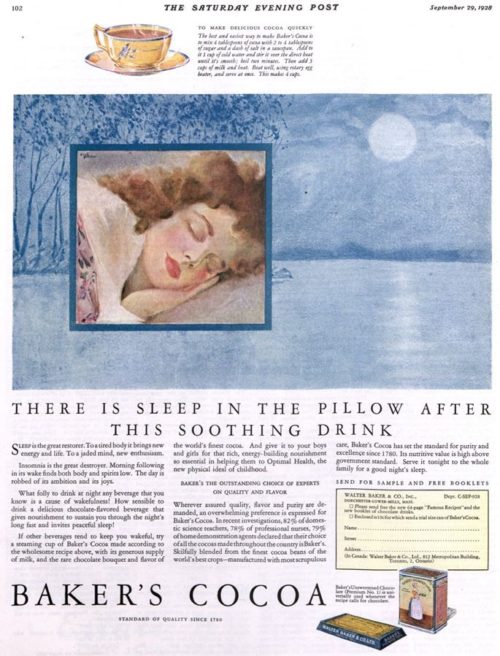 Vintage Ad for Baker's Cocoa mix, featuring a woman sleeping peacefully in her bed.