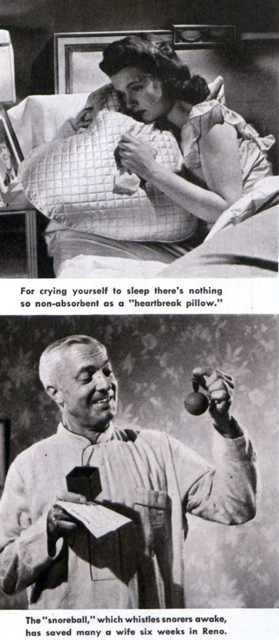 Vintage advertisments from the Lewis & Conger Sleep Shop in New York City. The ad is a series of images featuring a woman crying into a "heartbreak pillow" and a man holding a "snore ball".