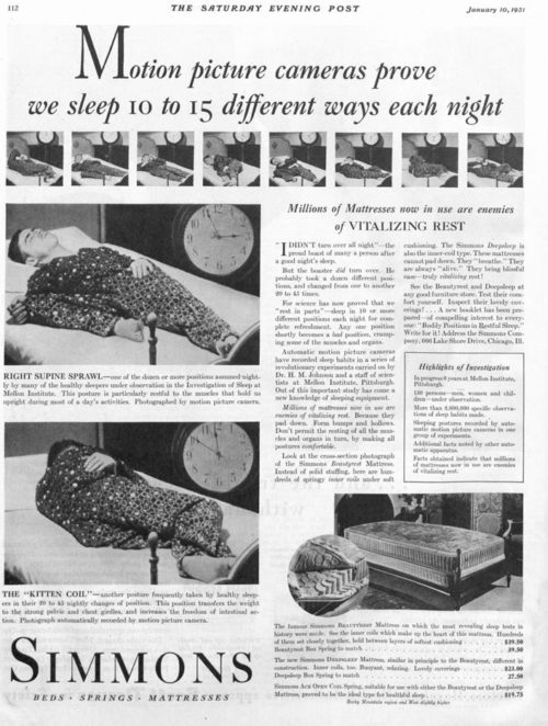Vintage ad for Simmons mattresses. The ad consists of images of a man in various sleep positions throughout a single night.