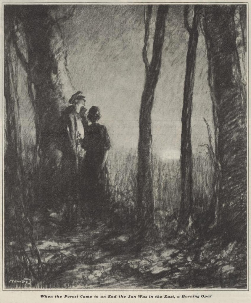 A man and a woman gazing towards a sunrise at the edge of a wood.