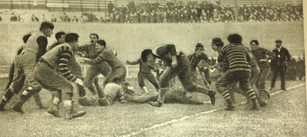 Photo of a football game. One of the players is Pudge Heffelfinger