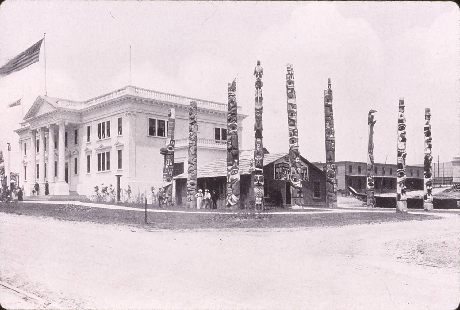 Totem poles on display during a World's Fair in 1904
