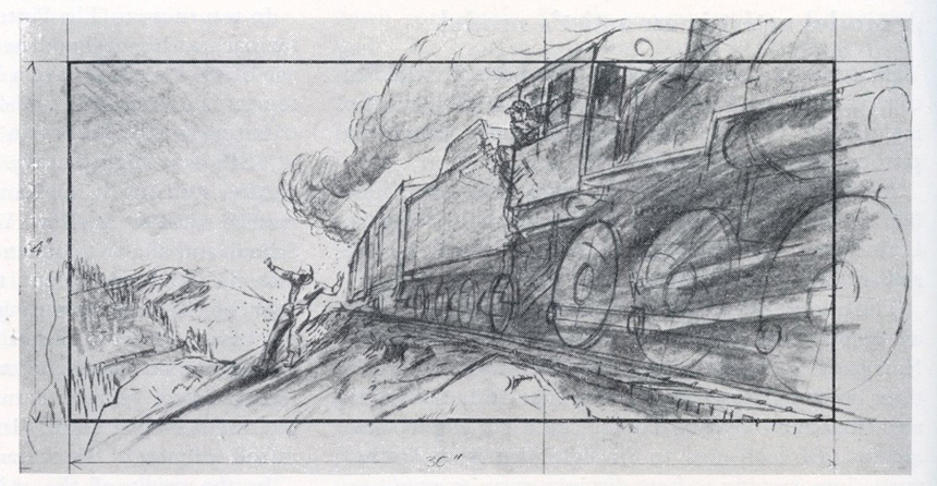 Rough sketch of a man leaping from a moving train