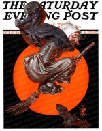 Halloween witch riding on a broom past red moon