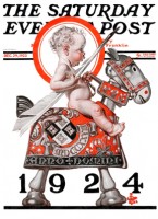 Baby New Year holding quill on Medieval wooden horse