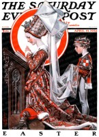 Medieval woman kneels in prayer, boy holds her train