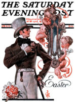 Cherubs hold mirror for man admiring his Easter finery