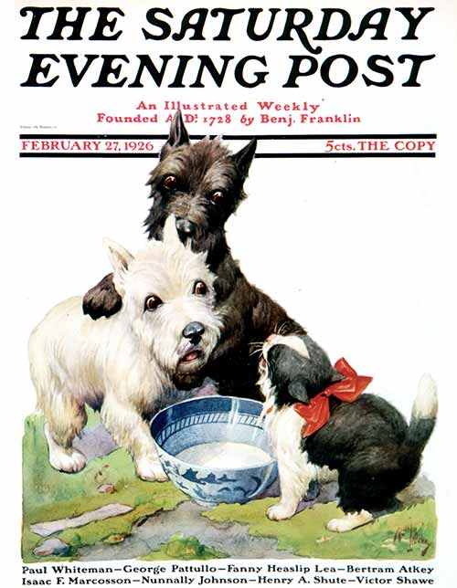 Cat Guards Bowl of Milk by Robert L. Dickey from February 27, 1926