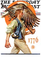 Revolutionary war soldier carries musket, eagle overhead