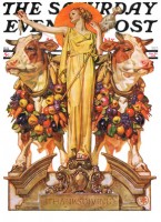 Lady between two oxen laden with food